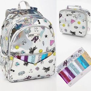 Justice backpack, lunchbox, and pencil case bundle